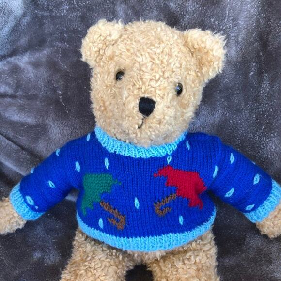 Vintage Ty Classic Bear Plush 1990 Curly Tan Blue Sweater w/ Umbrella Stuffed - Picture 3 of 14